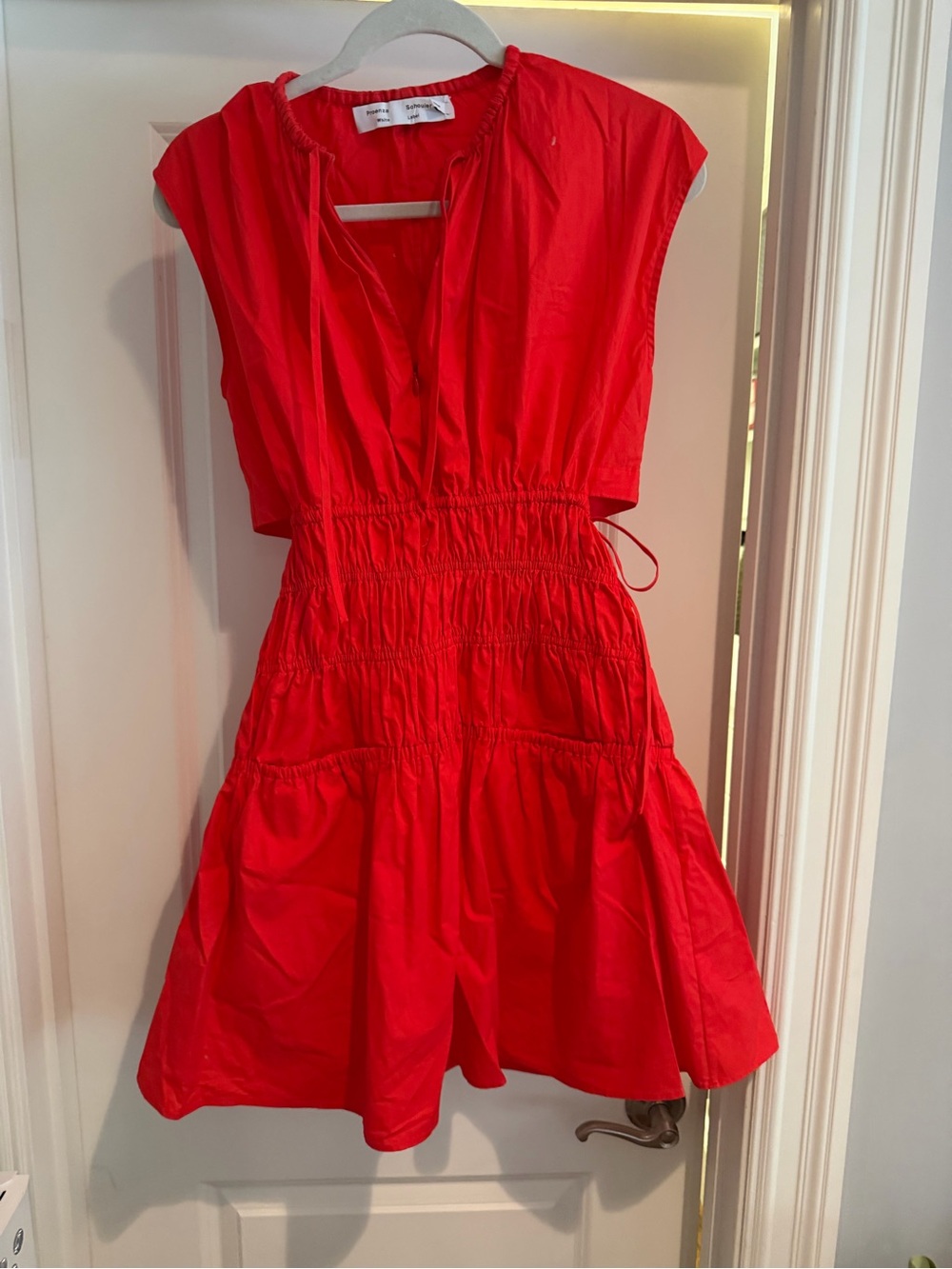 Proenza Schouler Red Smocked Waist Dress with open back and drawstring sides